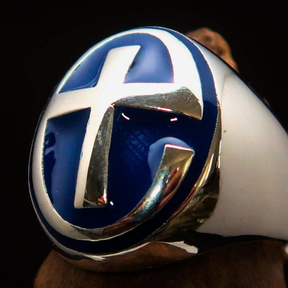 Excellent crafted Men's Ring modern blue Christian Cross - Sterling Silver - BikeRing4u