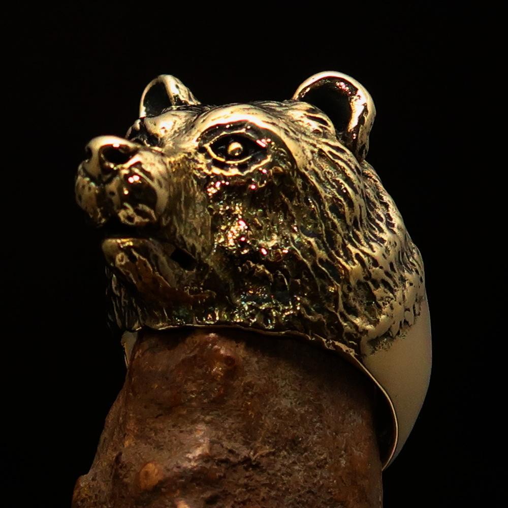 Excellent crafted Men's Brass Animal Ranger Ring detailed Grizzly Bear - BikeRing4u