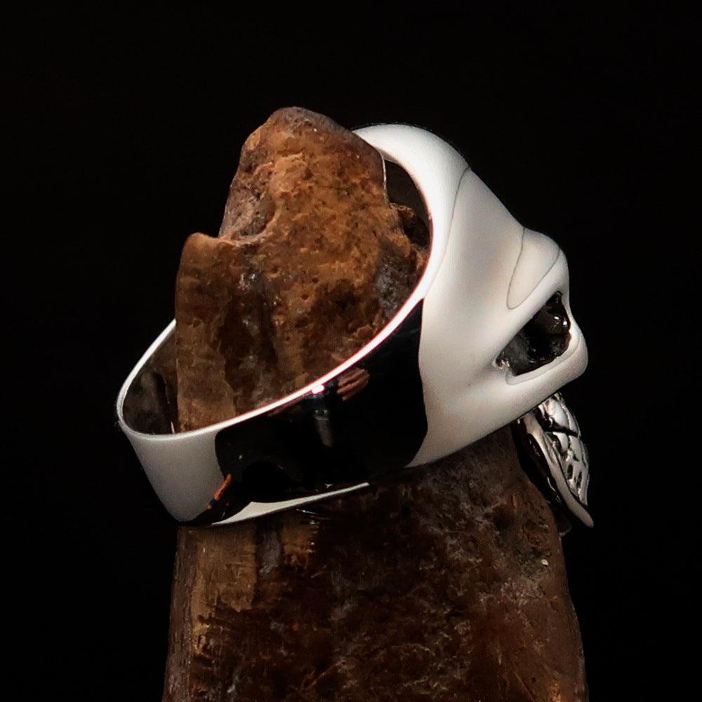 Mirror polished Men's Outlaw Biker Ring black 1% Skull - Sterling Silver - BikeRing4u