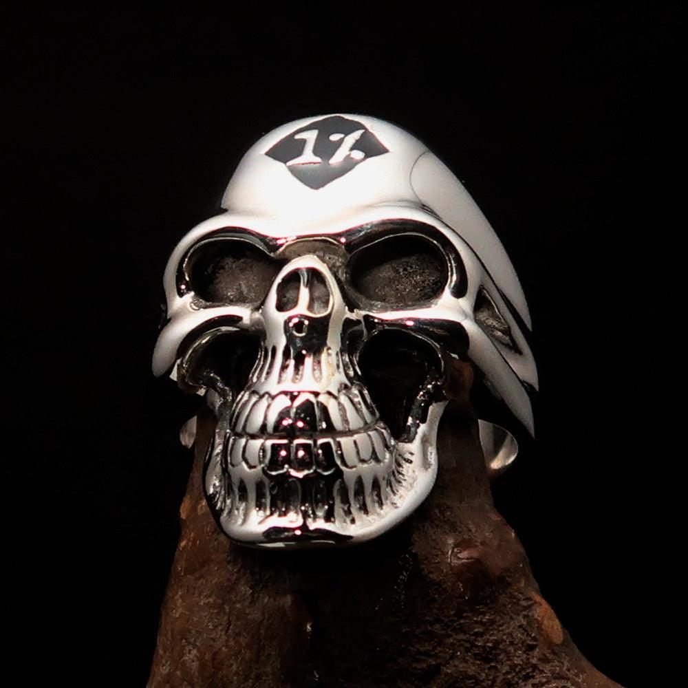 Mirror polished Men's Outlaw Biker Ring black 1% Skull - Sterling Silver - BikeRing4u