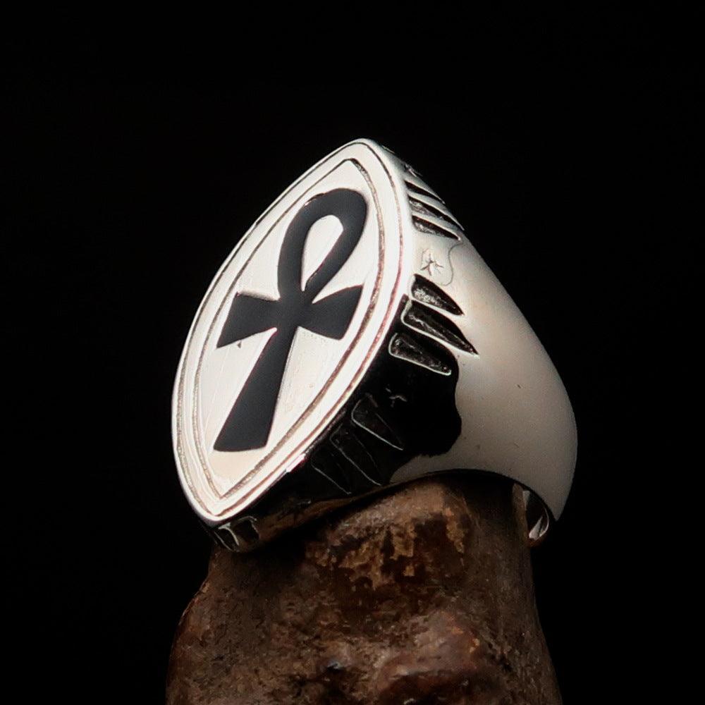 Black marquise shaped Egyptian Ankh Cross Men's Ring - Sterling Silver - BikeRing4u