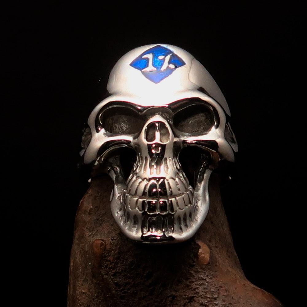 Mirror polished Men's Outlaw Biker Ring blue 1% Skull - Sterling Silver - BikeRing4u