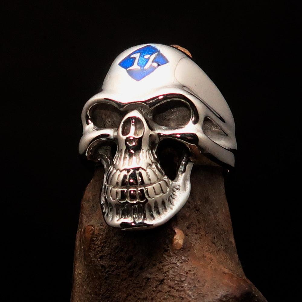 Mirror polished Men's Outlaw Biker Ring blue 1% Skull - Sterling Silver - BikeRing4u