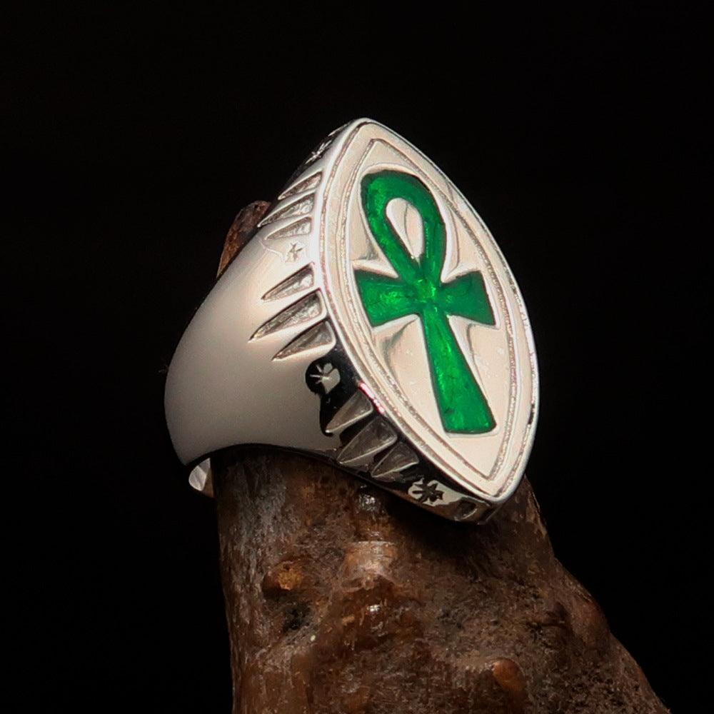 Green marquise shaped Egyptian Ankh Cross Men's Ring - Sterling Silver - BikeRing4u