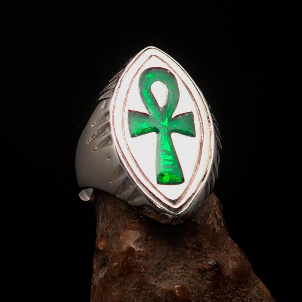 Green marquise shaped Egyptian Ankh Cross Men's Ring - Sterling Silver - BikeRing4u