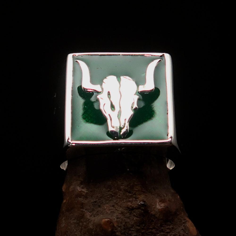 Perfectly crafted Men's Cowboy Ring green Bull Skull - Sterling Silver - BikeRing4u