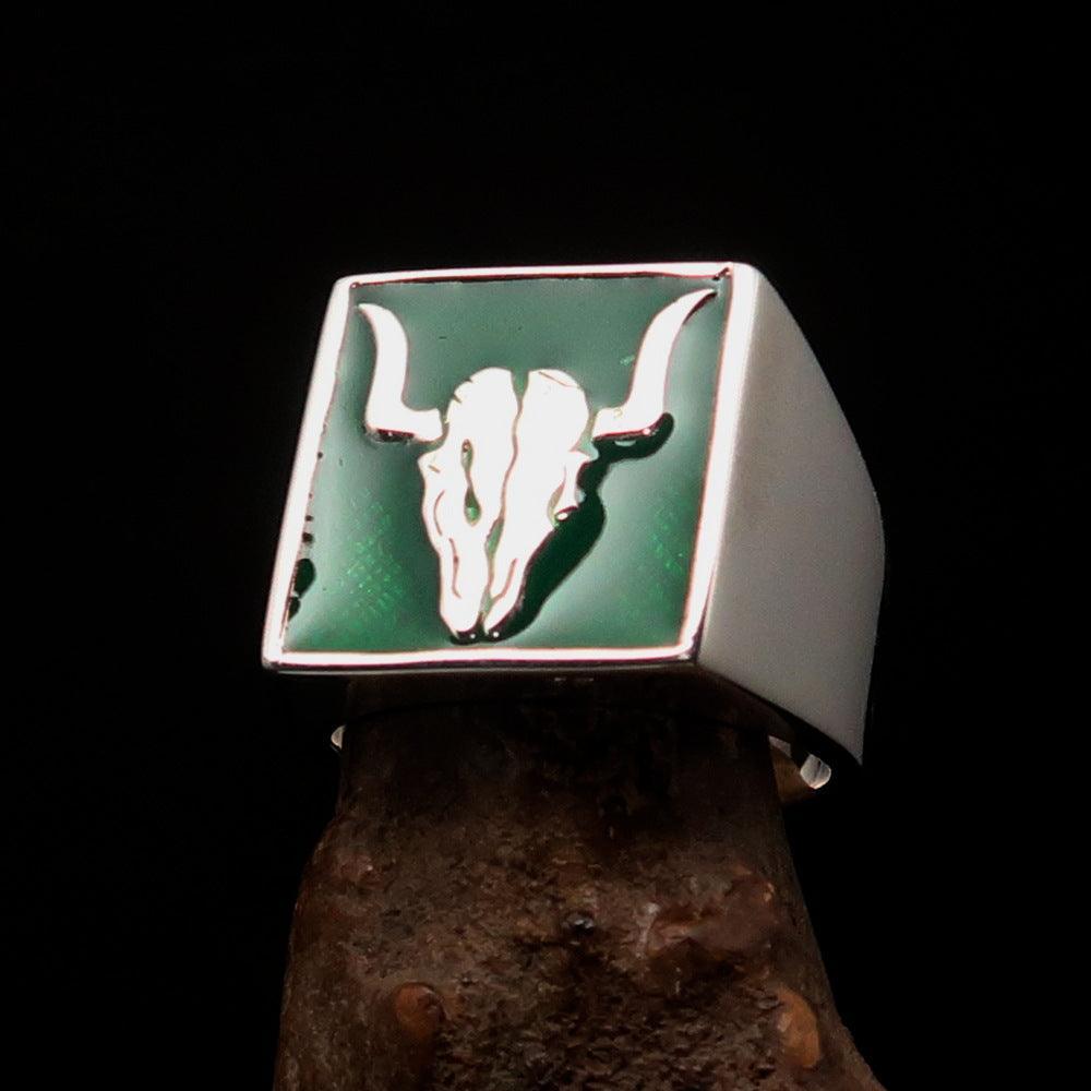 Perfectly crafted Men's Cowboy Ring green Bull Skull - Sterling Silver - BikeRing4u