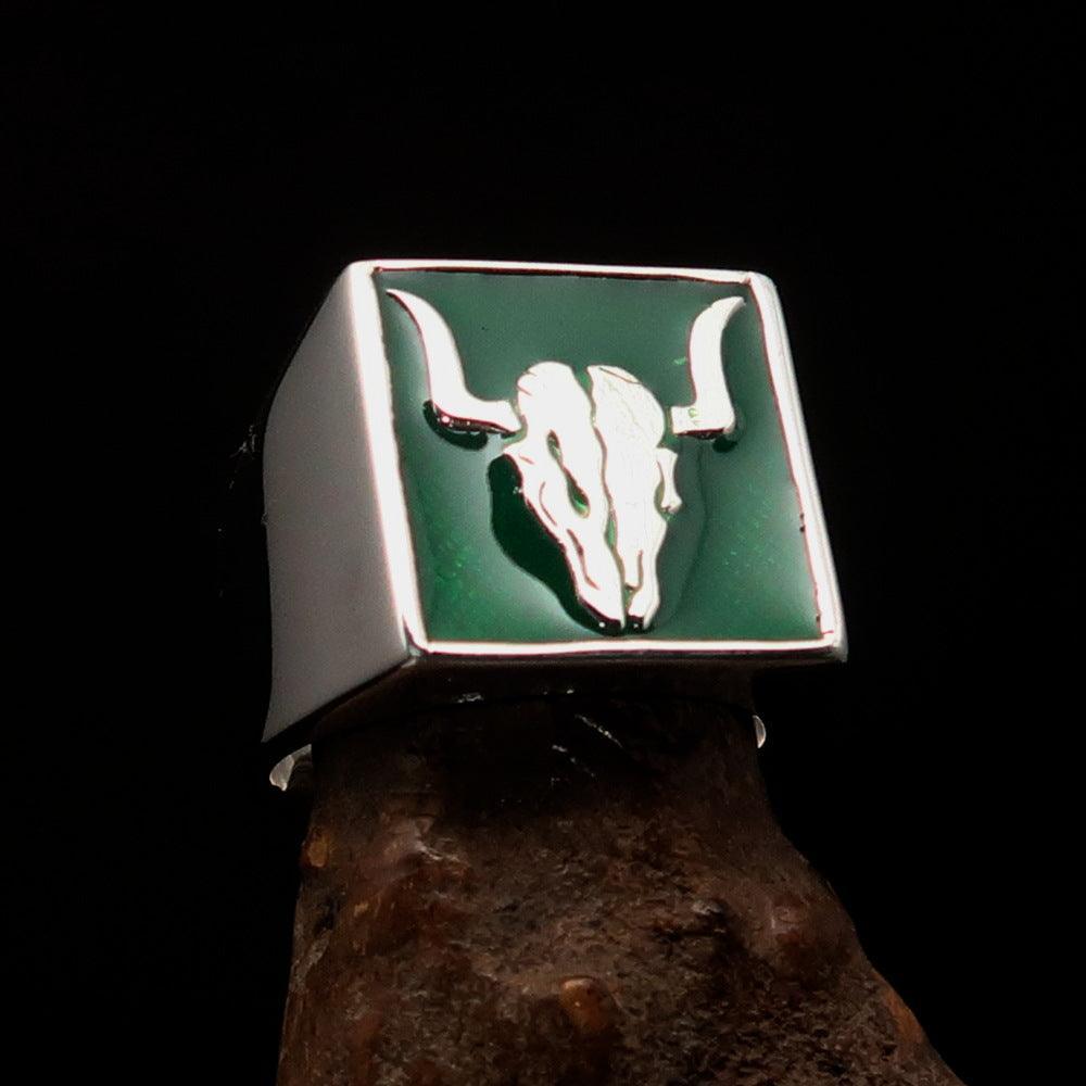 Perfectly crafted Men's Cowboy Ring green Bull Skull - Sterling Silver - BikeRing4u