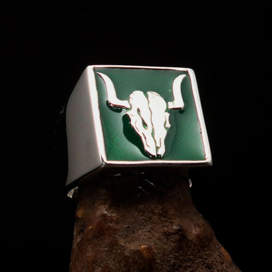 Perfectly crafted Men's Cowboy Ring green Bull Skull - Sterling Silver - BikeRing4u