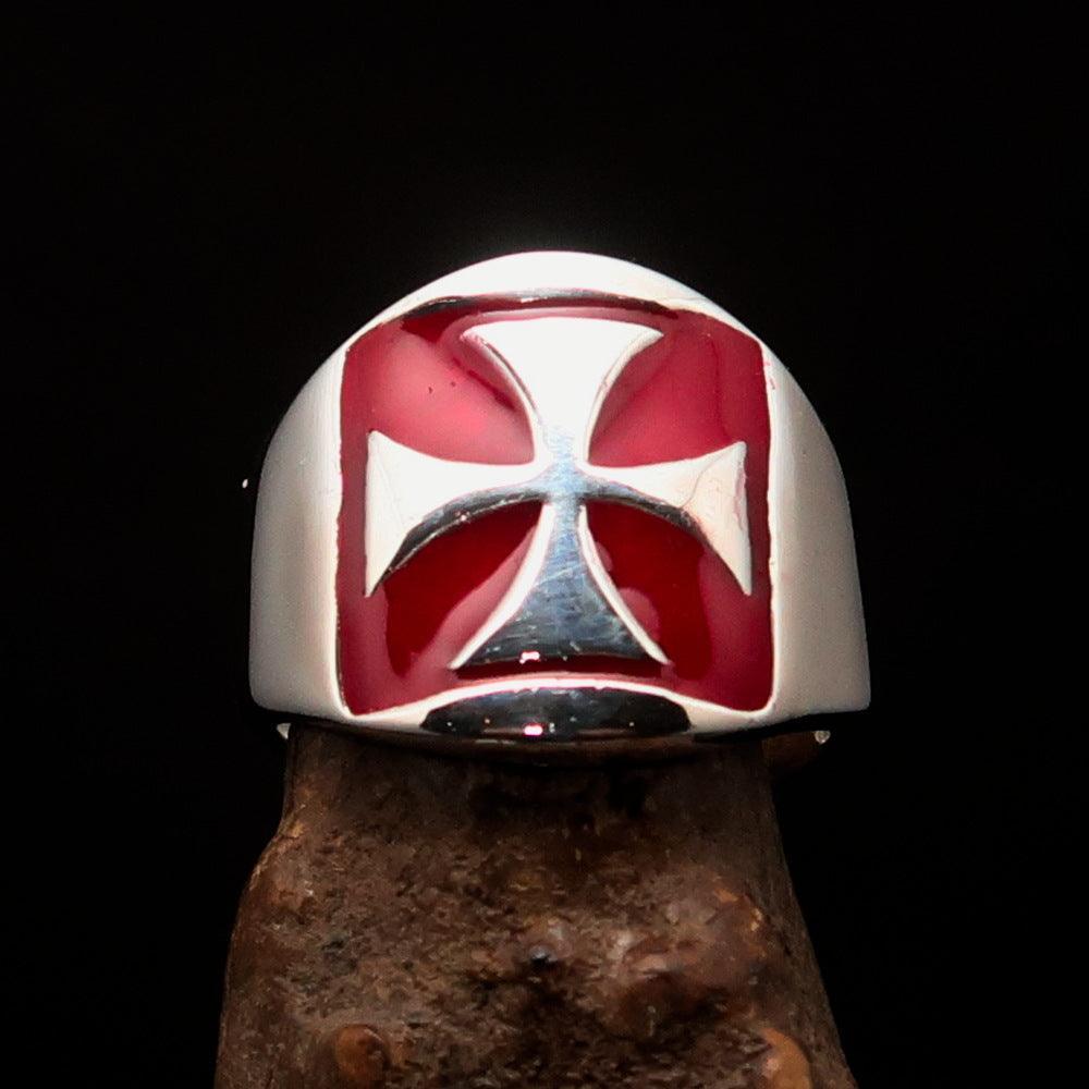 Excellent crafted Men's red Iron Cross Biker Ring - Sterling Silver - BikeRing4u