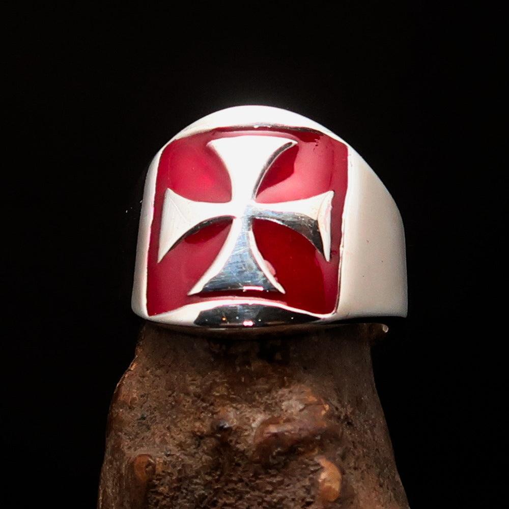 Excellent crafted Men's red Iron Cross Biker Ring - Sterling Silver - BikeRing4u