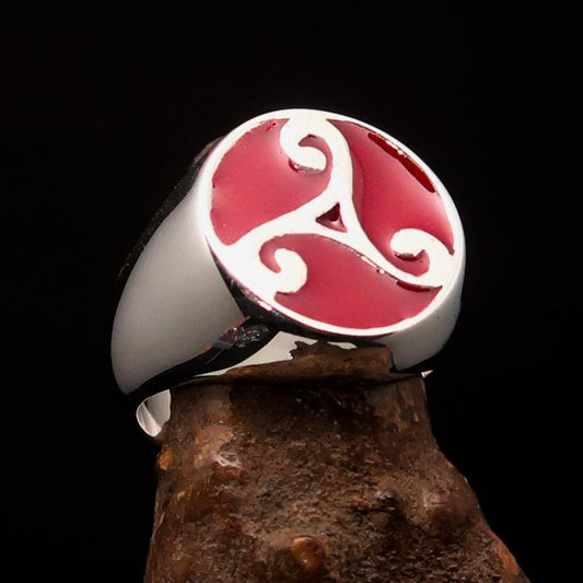 Perfectly crafted Men's Celtic Triade Ring red Triskele - Sterling Silver - BikeRing4u