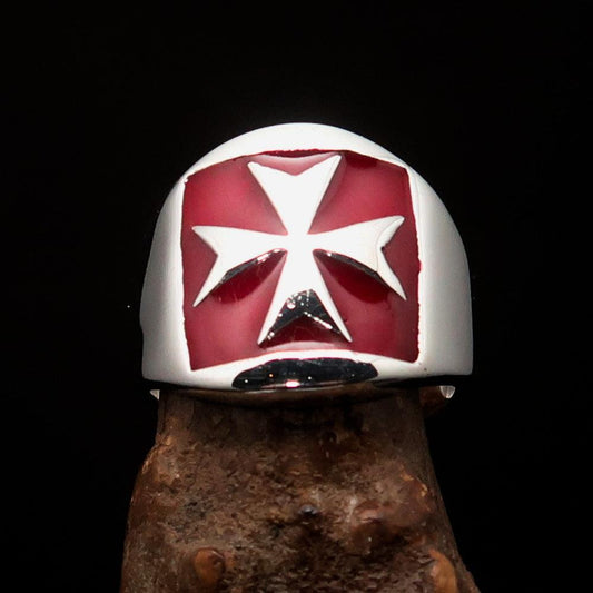Excellent crafted Men's red Maltese Cross Biker Ring - Sterling Silver - BikeRing4u