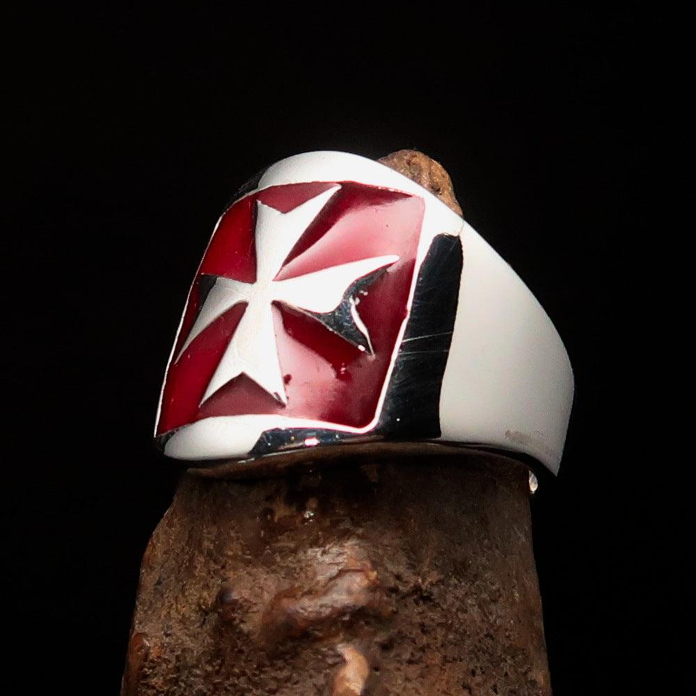 Excellent crafted Men's red Maltese Cross Biker Ring - Sterling Silver - BikeRing4u