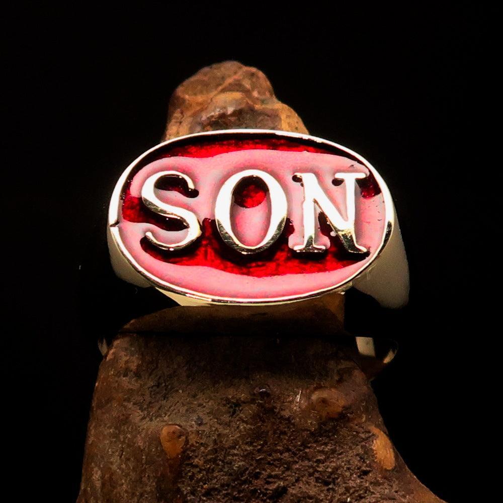 Perfectly crafted oval Initial Men's Pinky Ring red SON one word - Solid Brass - BikeRing4u