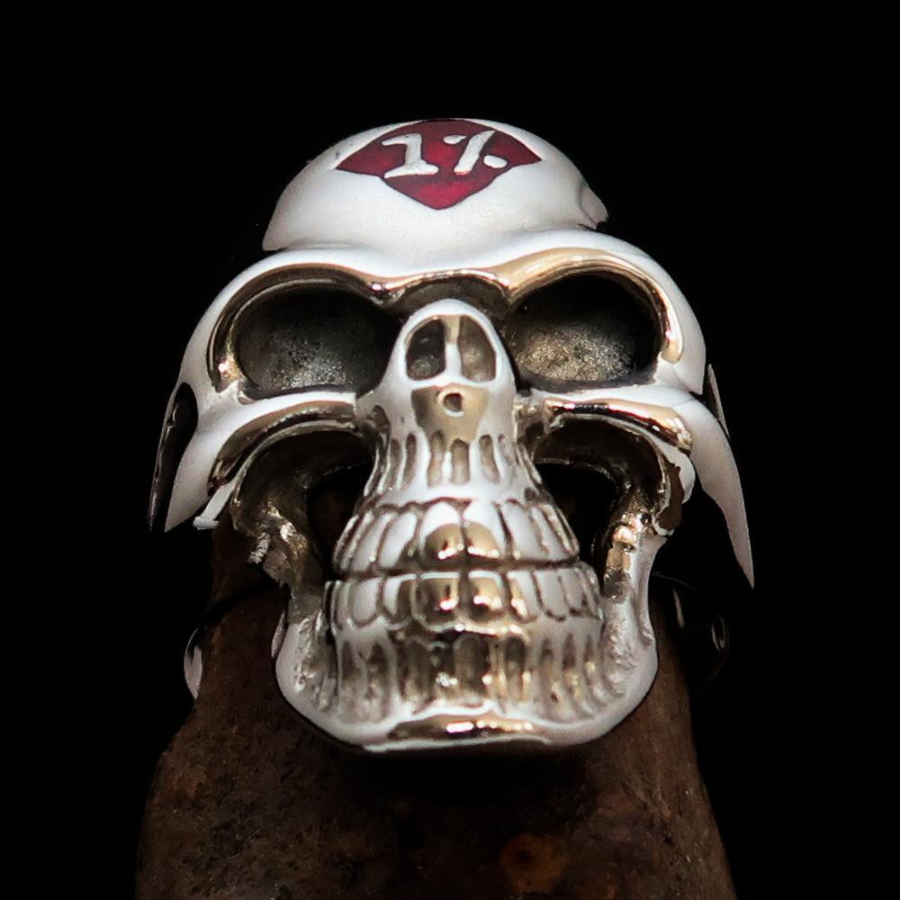 Mirror polished Men's Sterling Silver Outlaw Biker Ring 1% Skull Red - BikeRing4u