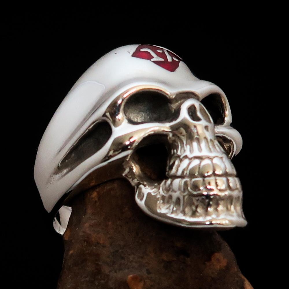 Mirror polished Men's Sterling Silver Outlaw Biker Ring 1% Skull Red - BikeRing4u