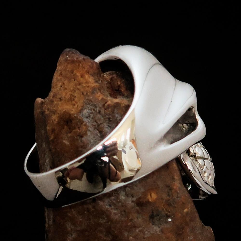 Mirror polished Men's Sterling Silver Outlaw Biker Ring 1% Skull Red - BikeRing4u