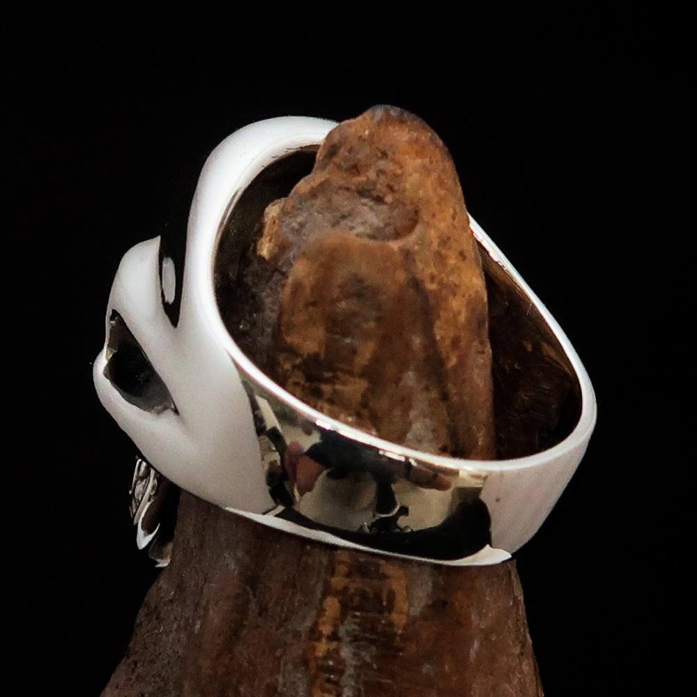 Mirror polished Men's Sterling Silver Outlaw Biker Ring 1% Skull Red - BikeRing4u