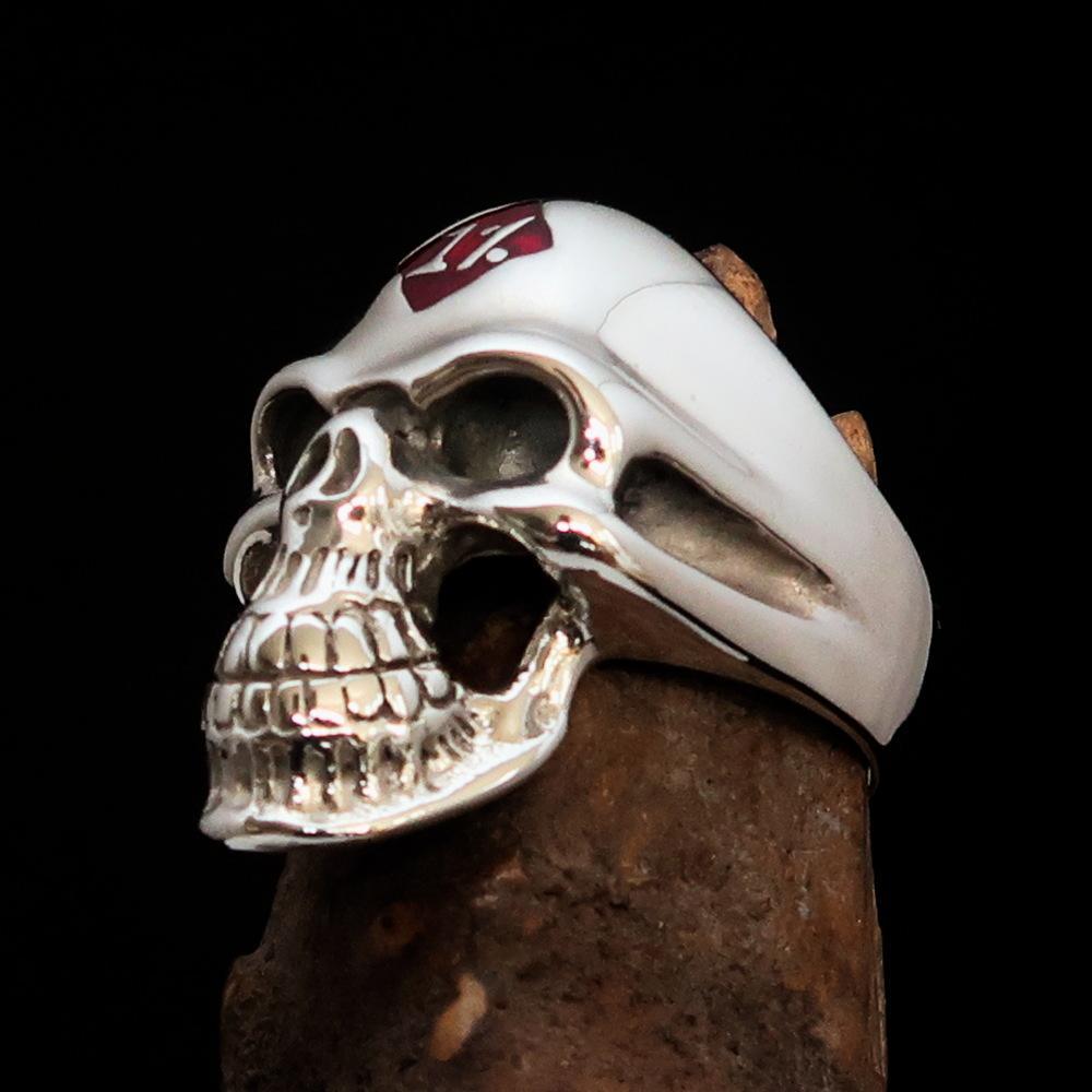 Mirror polished Men's Sterling Silver Outlaw Biker Ring 1% Skull Red - BikeRing4u