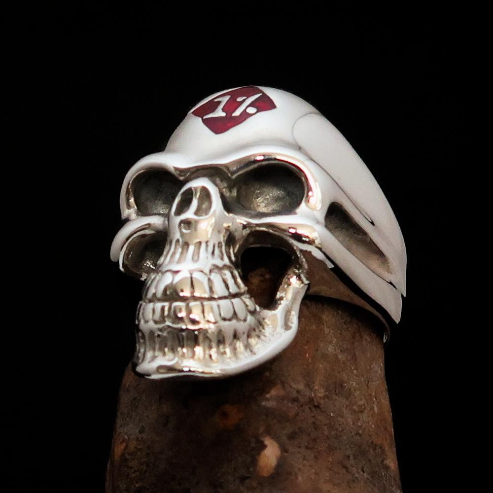 Mirror polished Men's Sterling Silver Outlaw Biker Ring 1% Skull Red - BikeRing4u