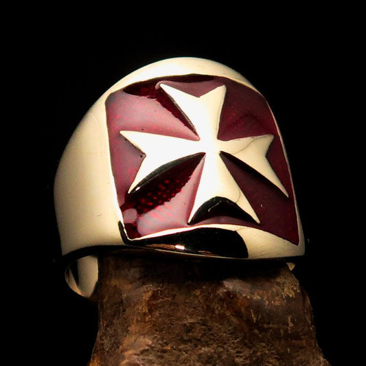 Excellent crafted Men's red Maltese Cross Biker Ring - solid Brass - BikeRing4u