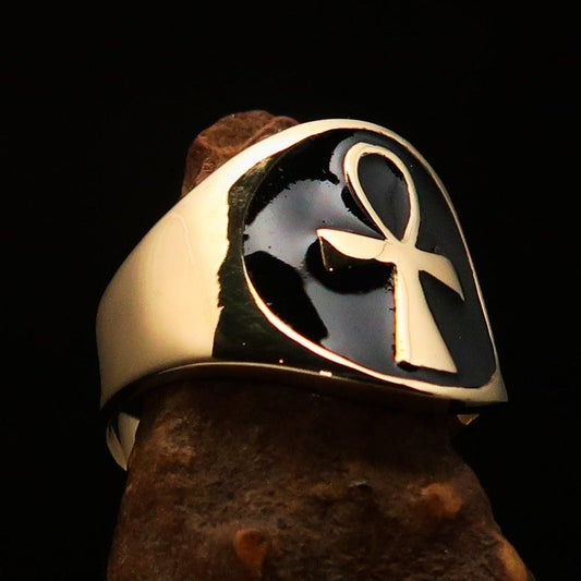 Excellent crafted Men's big black Egyptian Ankh Cross Ring - solid Brass - BikeRing4u