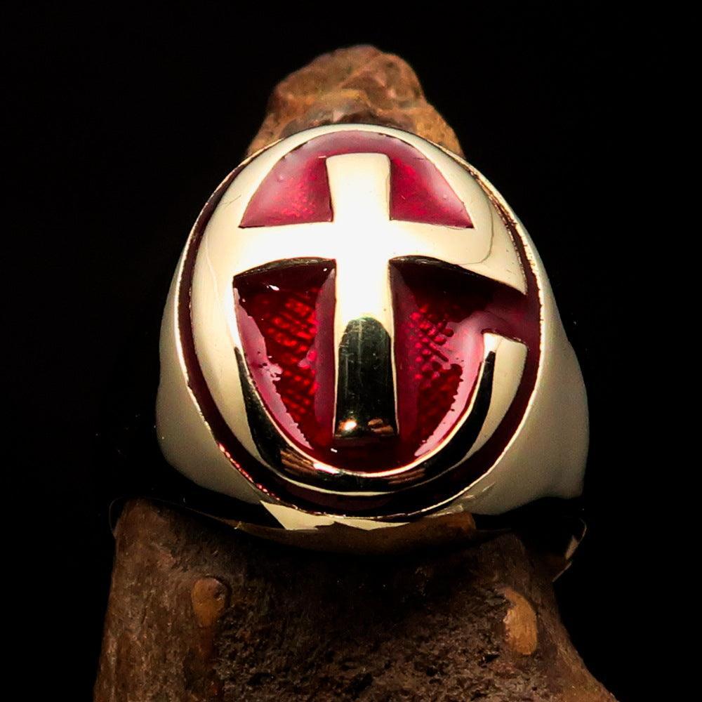 Excellent crafted Men's Ring modern red Christian Cross - Solid Brass - BikeRing4u