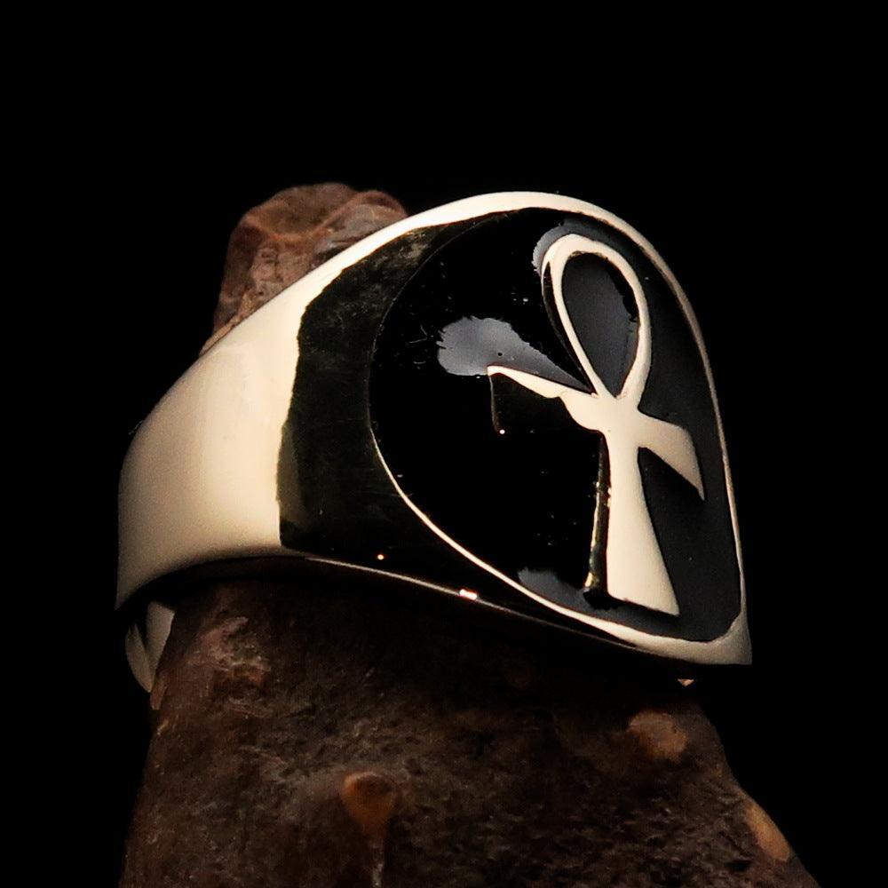 Excellent crafted Men's big black Egyptian Ankh Cross Ring - solid Brass - BikeRing4u