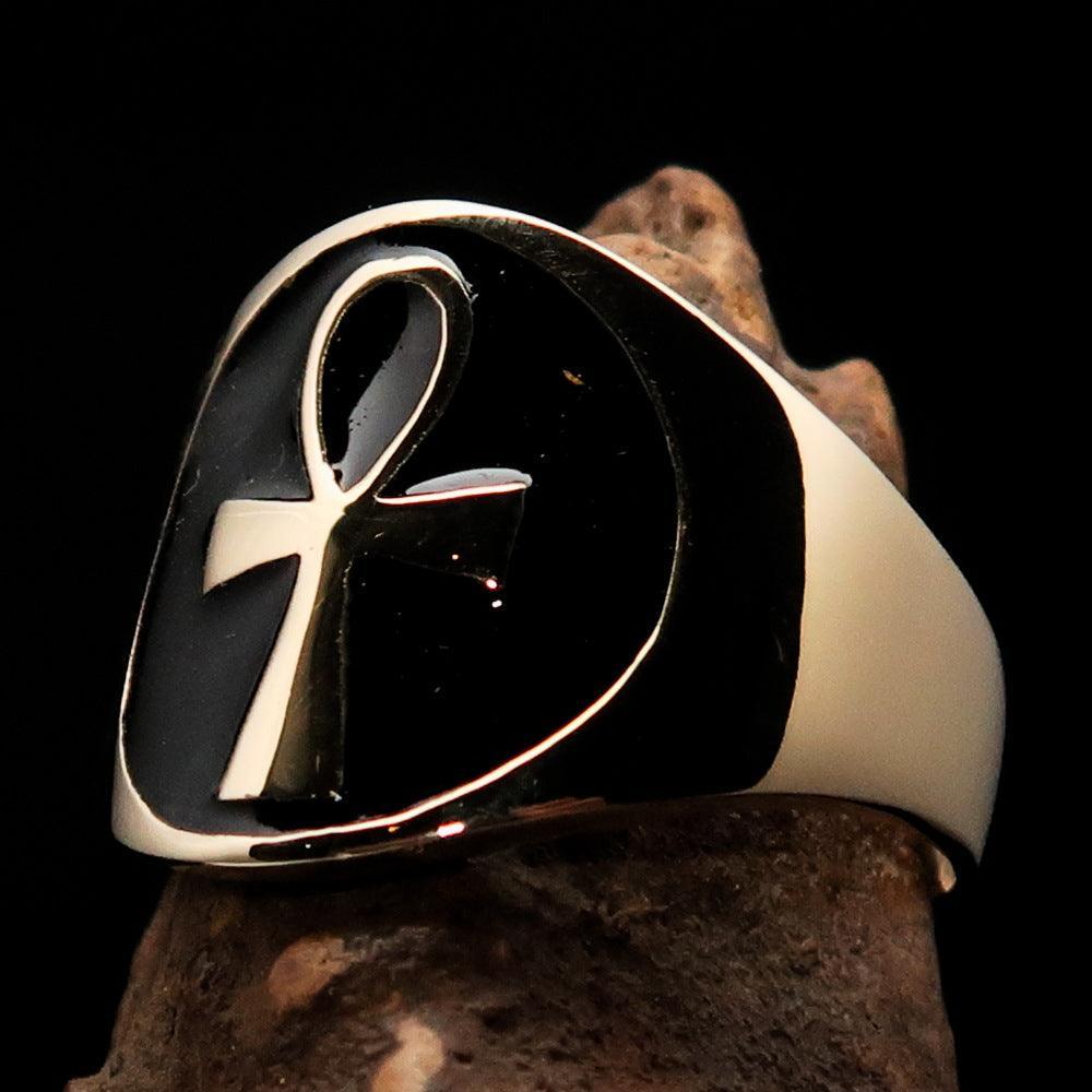 Excellent crafted Men's big black Egyptian Ankh Cross Ring - solid Brass - BikeRing4u