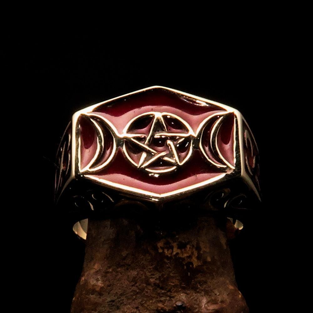 Men's Solid Brass Ring red Crescent Moon Pentagram Star - BikeRing4u