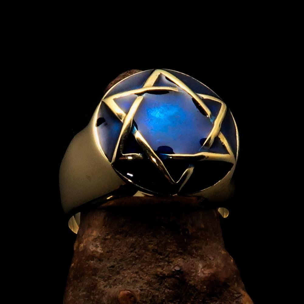 Nicely crafted Men's Hebrew Pinky Ring blue Star of David - Solid Brass - BikeRing4u