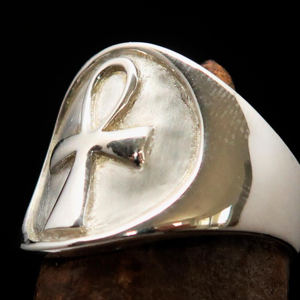 Excellent crafted two tone Men's big Egyptian Ankh Cross Ring - matte Sterling Silver - BikeRing4u