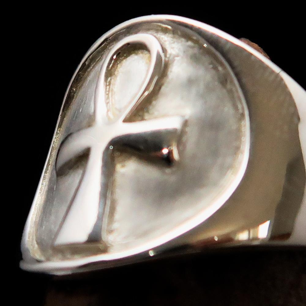 Excellent crafted two tone Men's big Egyptian Ankh Cross Ring - matte Sterling Silver - BikeRing4u